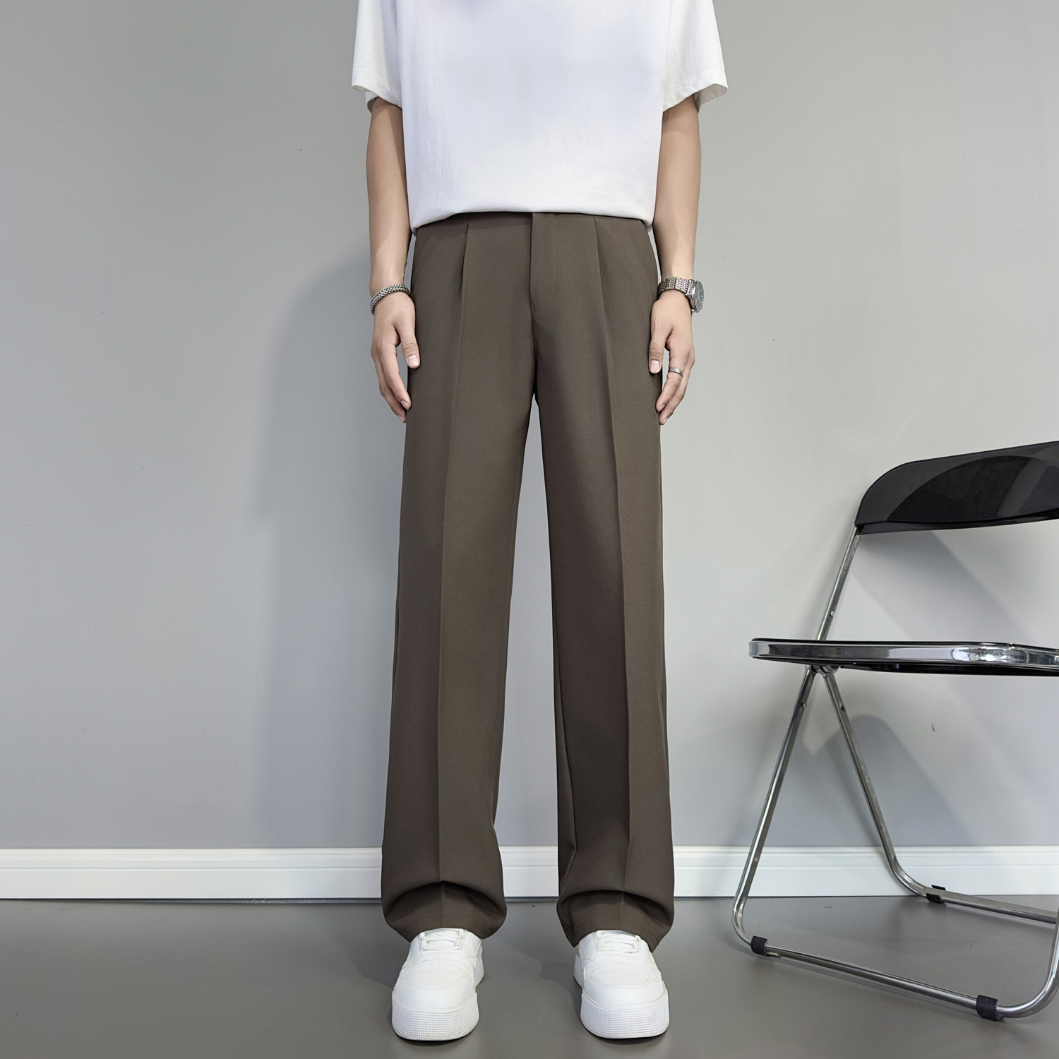 Loose Straight-Leg Suit Pants for Men, Spring and Summer Hong Kong Style Trendy Wrinkle-Free Drape Casual Business Dress Pants, Floor-Length Trousers