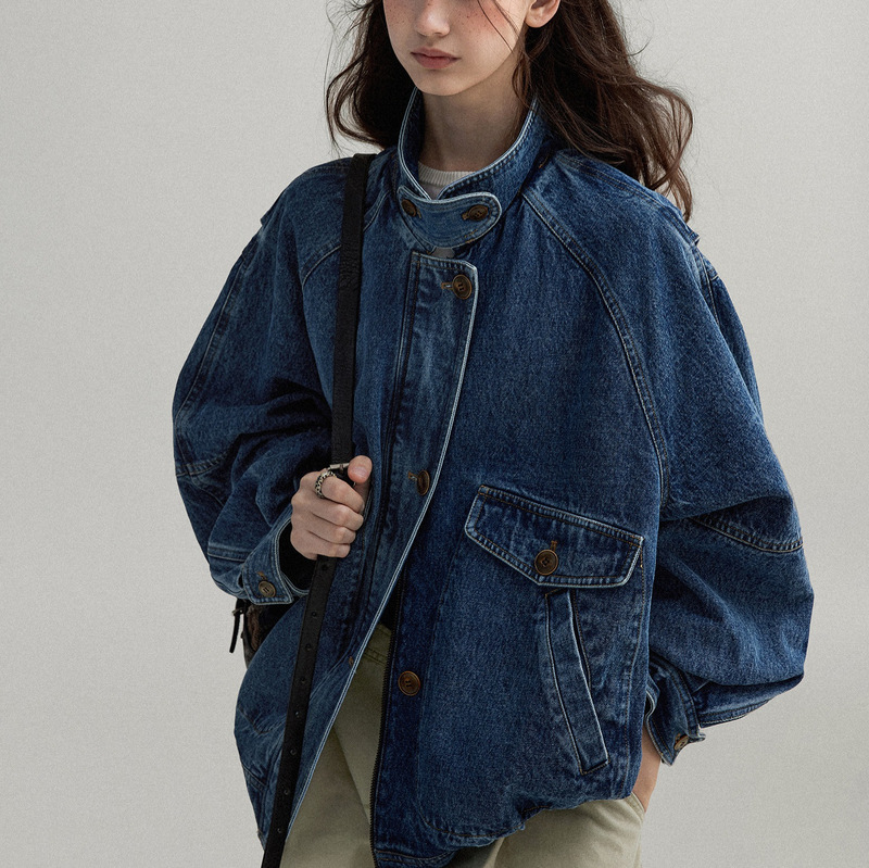 Le Scandinavian Medieval Style/Washed Denim Texture Flip-Up Collar Contrasting Silhouette Bomber Jacket for Women