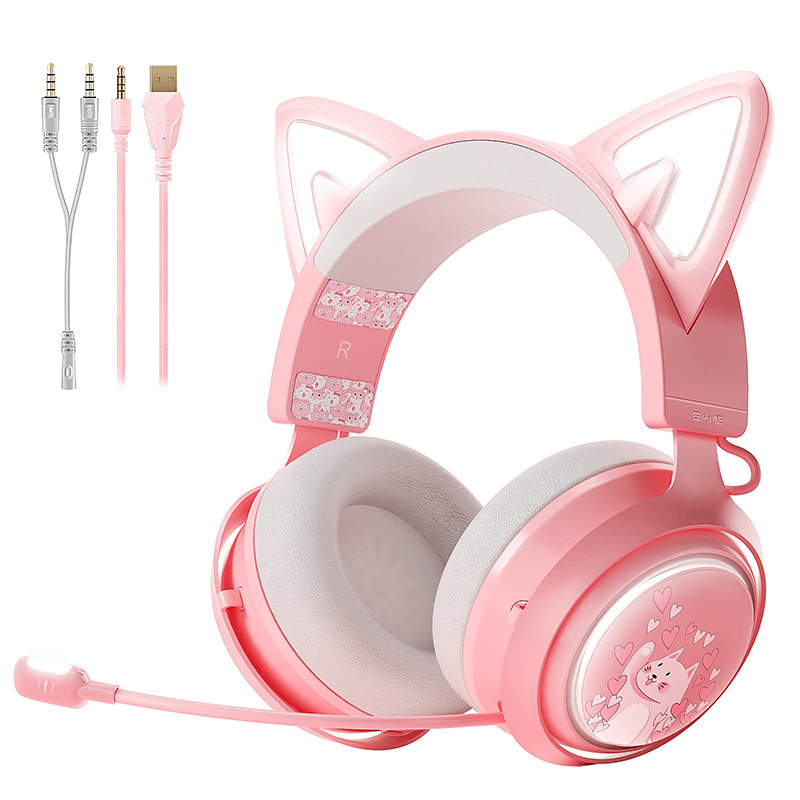 Auriculares para juegos Somic GS510, orejas de gato rosadas, micrófono inalámbrico 2.4G