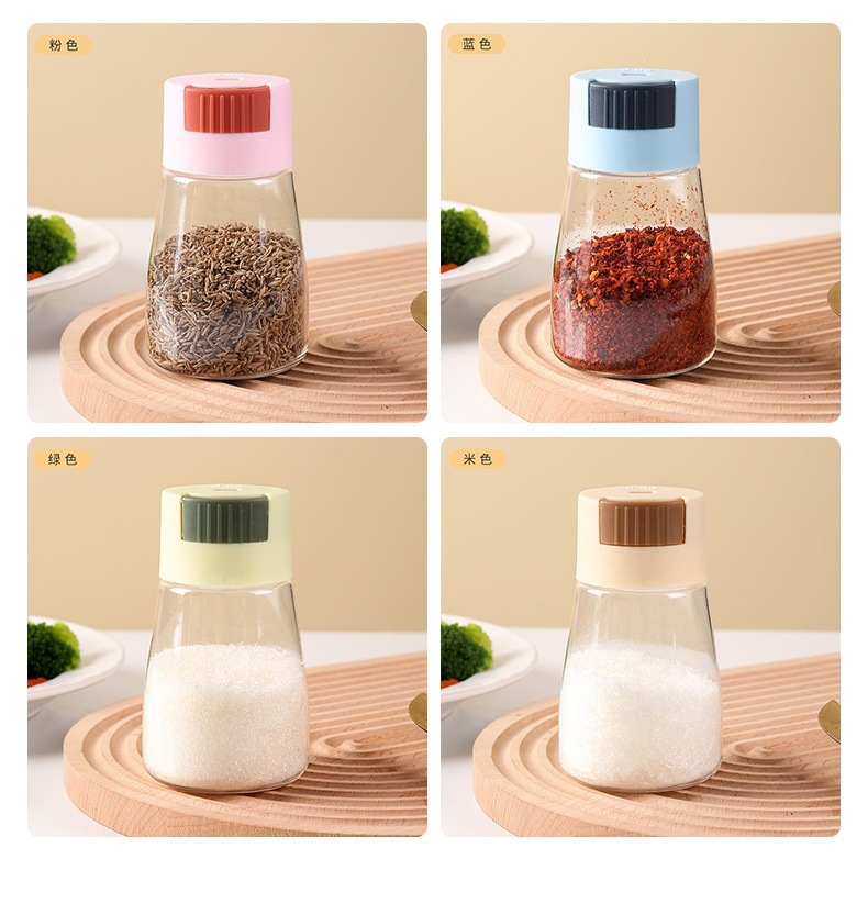 Press-Dispense Salt Seasoning Jar Pink Hexagonal Sealed Kitchen Condiment Bottle for Home Cooking in use