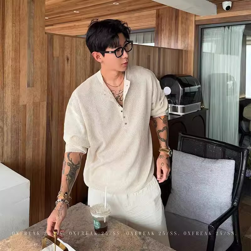 Old Money Style Henry Collar Pleated Long-Sleeve T-Shirt for Men, Summer Loose Casual V-Neck Base Shirt, Old Money Style Top for Men