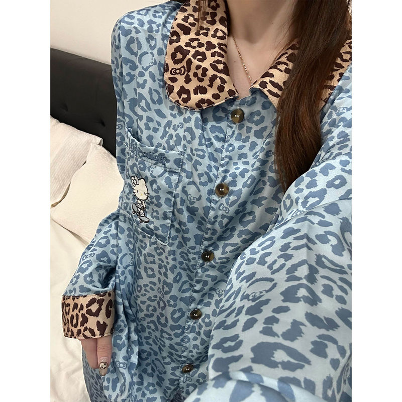 可爱HelloKitty豹纹短袖睡衣女春秋新款大码长袖长裤家居服两件套|undefined