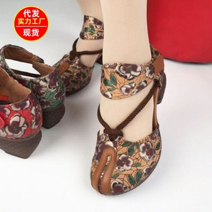 Women's ethnic style mid heel soft bottom comfortable mom shoes summer new dancing shoes hollow chunky heel single-layer shoes