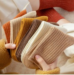 Socks women's autumn and winter solid color cotton socks blended double needle striped mid-calf cotton socks winter versatile mid-length thick socks