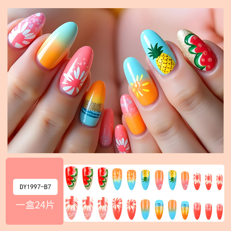 Dulce y fresco verano playa color impresión uñas rodajas de piña tipo gota uñas uñas venta caliente transfronteriza uñas