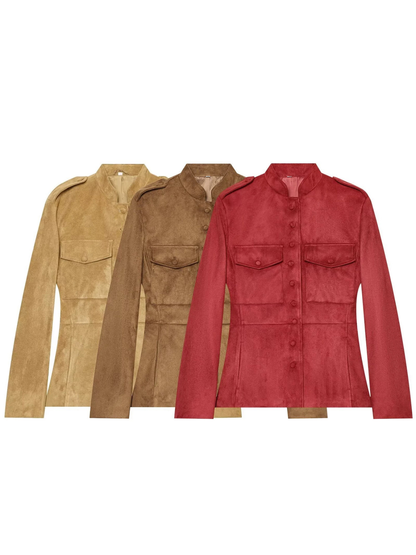 Qadın dəri jaket, dik yaxalı, uzun qollu, düyməli
