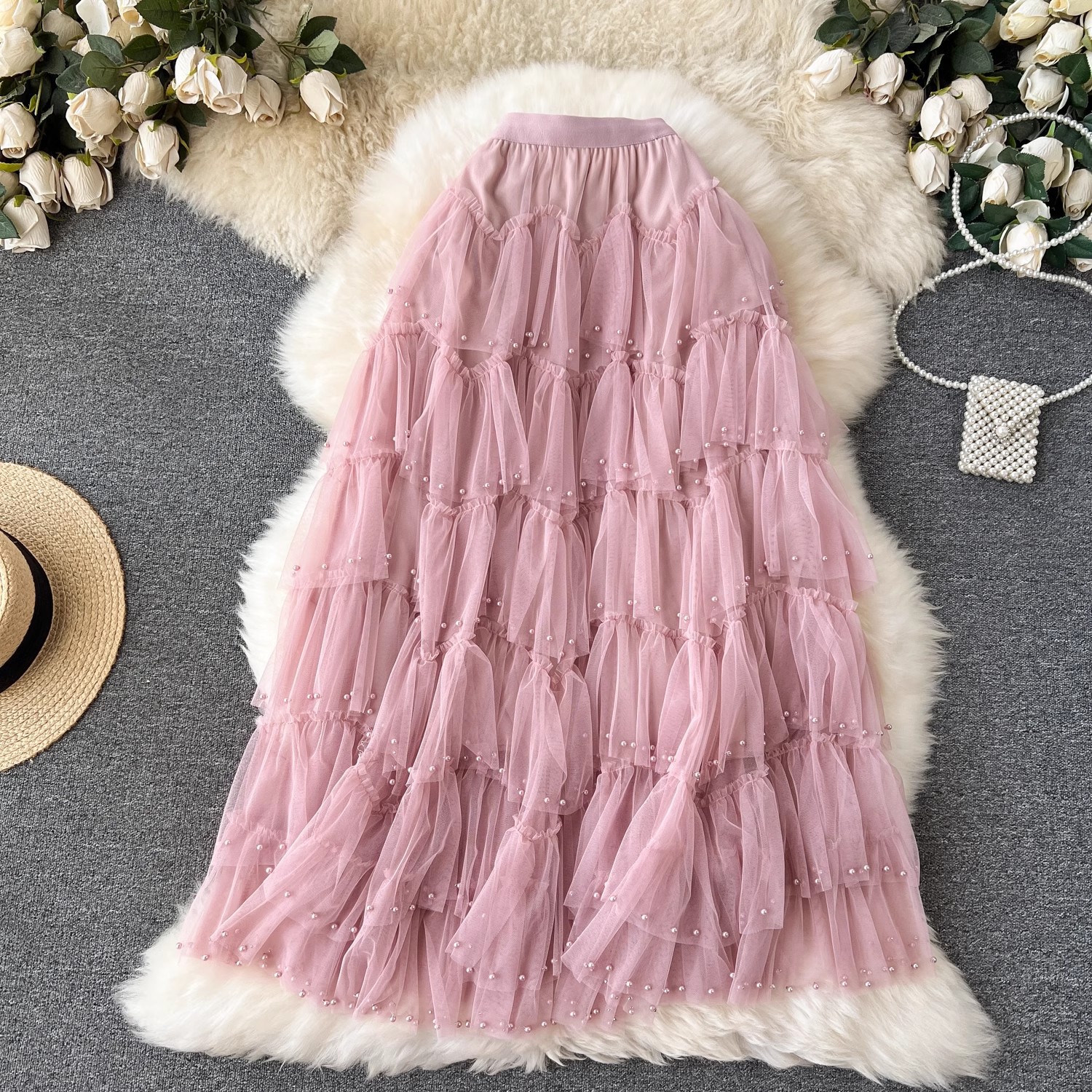 早春网纱裙高腰纯色珍珠荷叶边拼接蛋糕裙钉珠半身裙A字蓬蓬长裙