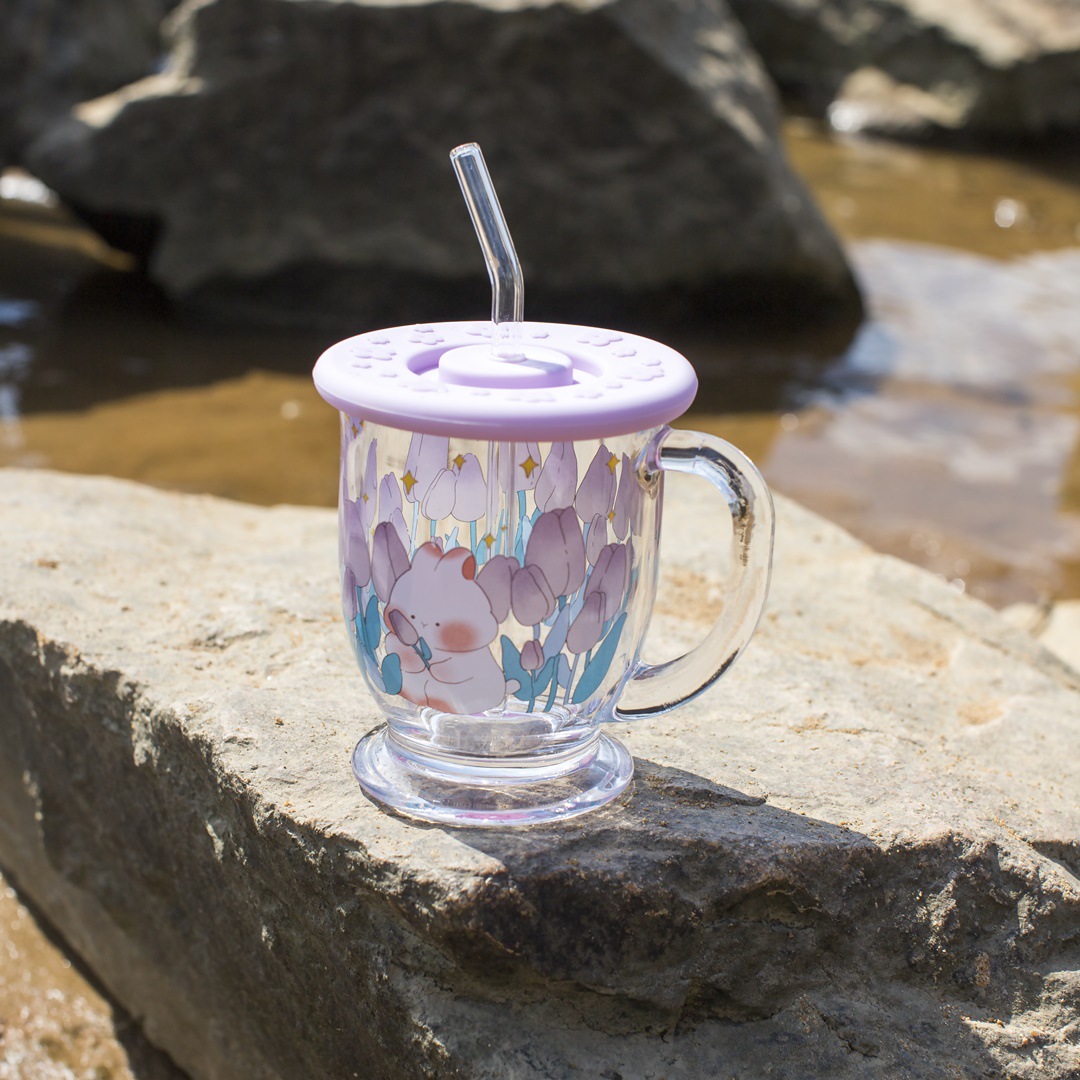 Creativo simple Flor del tulipán conejo de dibujos animados taza con la mano regalo paja vidrio agua Oficina