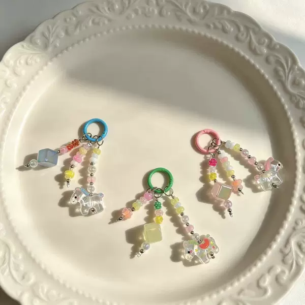 Iridescent Transparent Pony Pendant Beaded Phone Strap Fresh Macaron Color Beads Handmade Bag Keychain