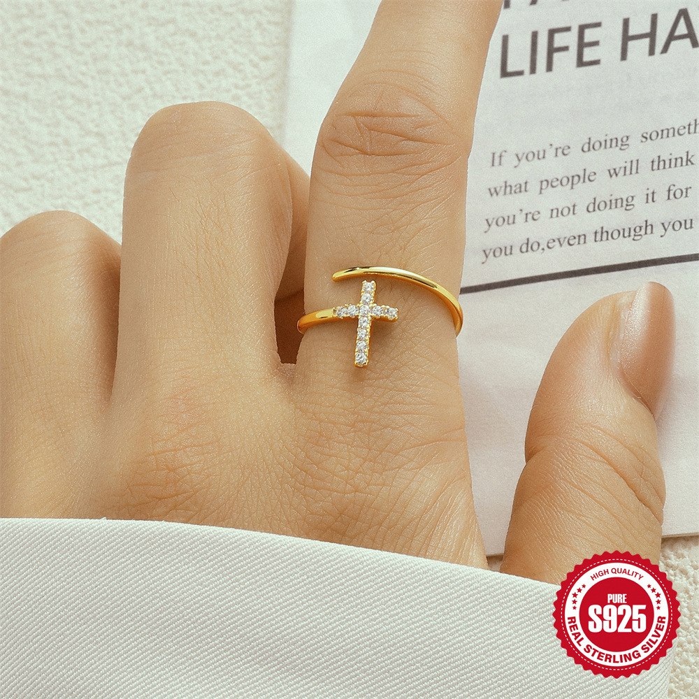 Japón y Corea del Sur s925 plata esterlina viento frío cruz pequeña fila anillo de diamantes mujer uso diario anillo de cola de dedo índice con incrustaciones de circón