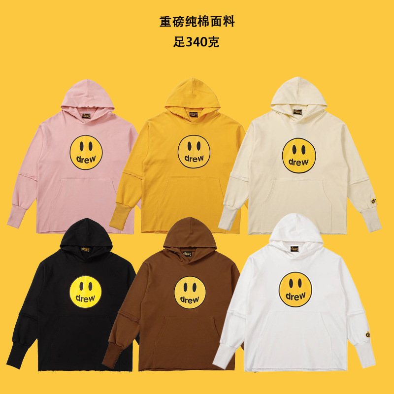 in stock Drew Smiley Sweater Bieber Same Style High Street Stitching Riped Loose Men's and Women's Hoodie Ins Fashion Brand in stock Drew Smiley Sweater Bieber Same Style High Street Stitching Riped Loose Men's and Women's Hoodie Ins Fashion Brand