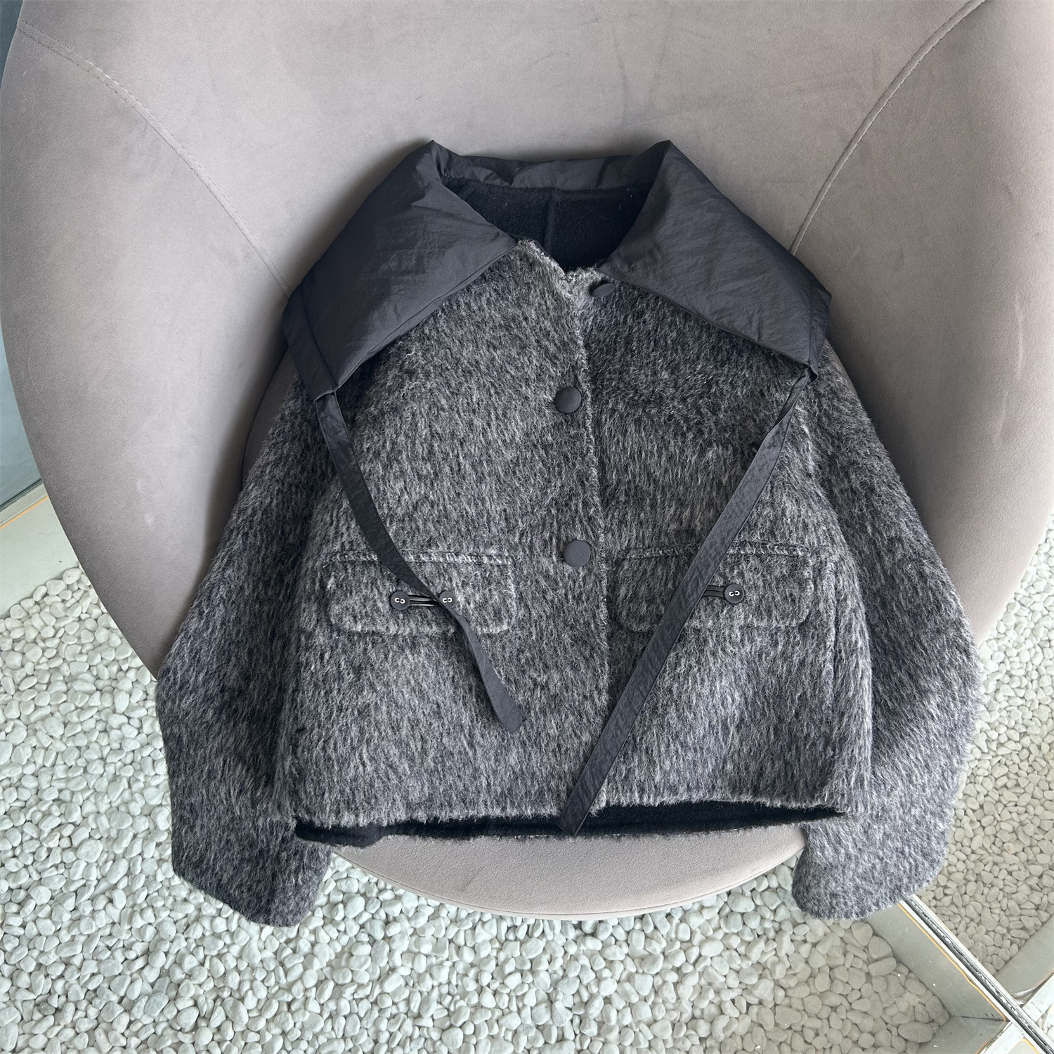 点絮羊驼小众款双面呢大衣秋冬小个子短款羊毛宽松羽绒翻领设计女