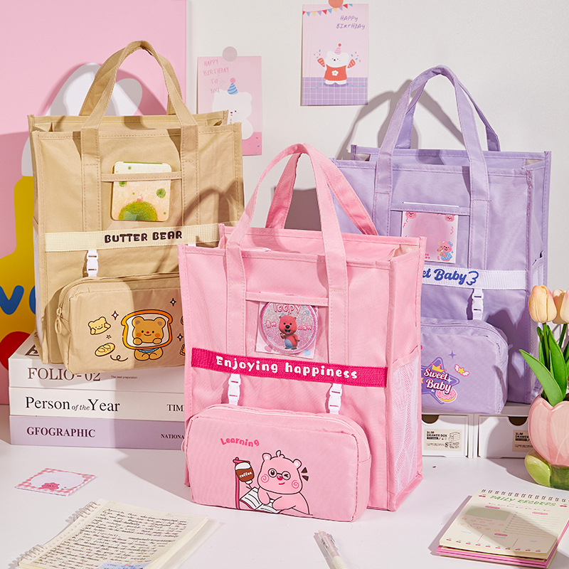Bolsa de estudio de dibujos animados para estudiantes de primaria, bolsa de escritorio extraíble de gran capacidad para niñas, bolsa de mano de almacenamiento de tareas
