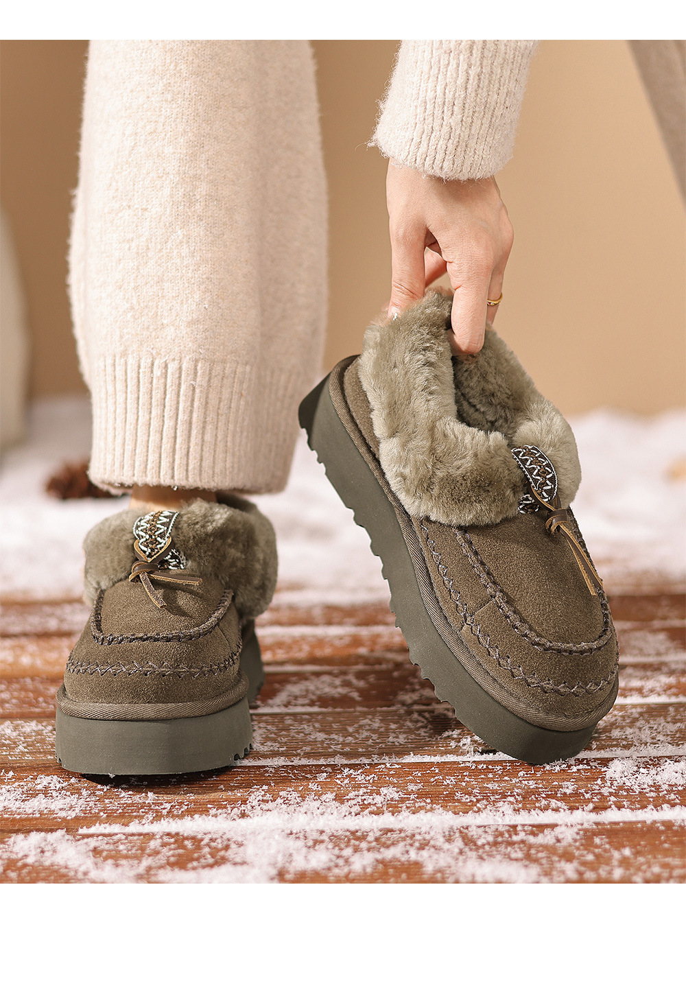 Boot tuyết nữ da cừu liền thân lót lông dày giữ ấm đế dày 4 cm — con linh dương màu nâu chi tiết 13