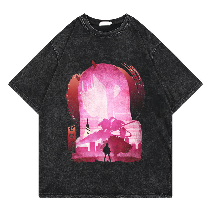 Washed retro T-shirt Street hip-hop animation FranXX cartoon print…