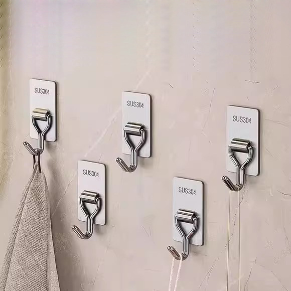 Stainless Steel Adhesive Hooks, No-Drill, for Kitchen and Bathroom, Wall-Mounted, Traceless Sticky Hooks, Heavy-Duty Hooks