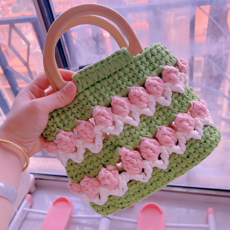 Línea de tela de bricolaje tejida a mano Bolso de tulipán Bolso de material Bolso para novias generosas y dulces