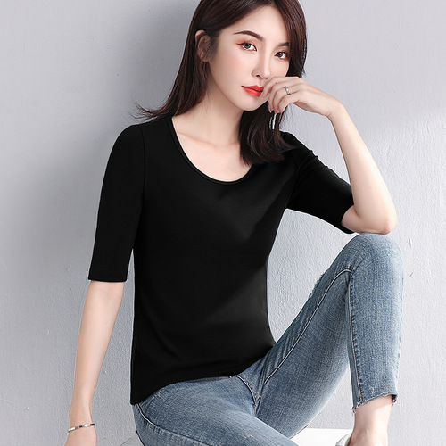 Black round neck short-sleeve t-shirt for women, five-finger sleeve, new summer model, slimming top, seven-finger base shirt top