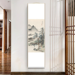 2F吉祥山水豎版長條捲軸畫客廳國畫玄關裝飾畫過道書房茶室掛立軸