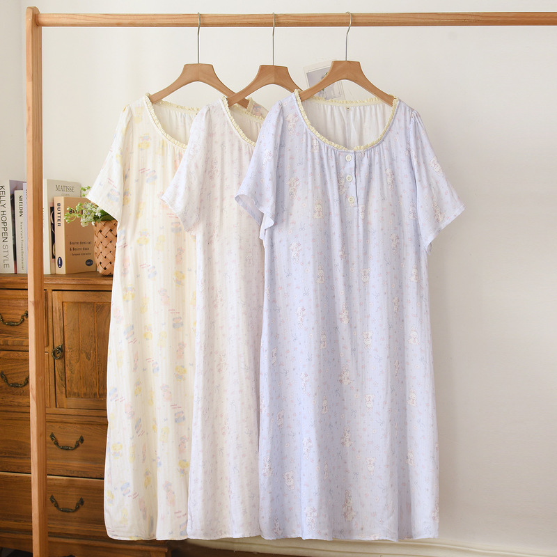 26 Spring and Summer Breathable Cute Cartoon Nightgown Bamboo Cotton Gauze Pajamas Set Short-Sleeved Bamboo Fiber Home Dress Long Dress 26 Spring and Summer Breathable Cute Cartoon Nightgown Bamboo Cotton Gauze Pajamas Set Short-Sleeved Bamboo Fiber Home Dress Long Dress