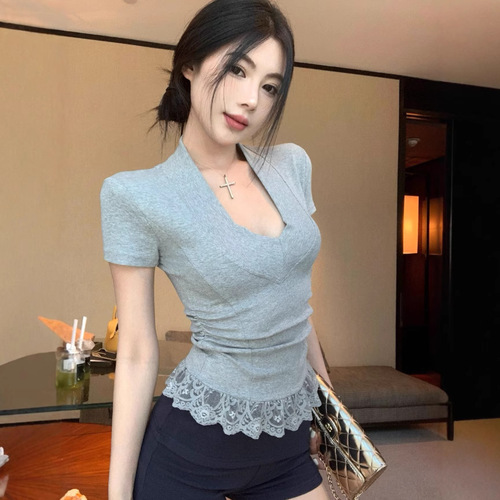 Lace-embellished V-neck pure desire style short-sleeve T-shirt for women, summer slim-fit design
