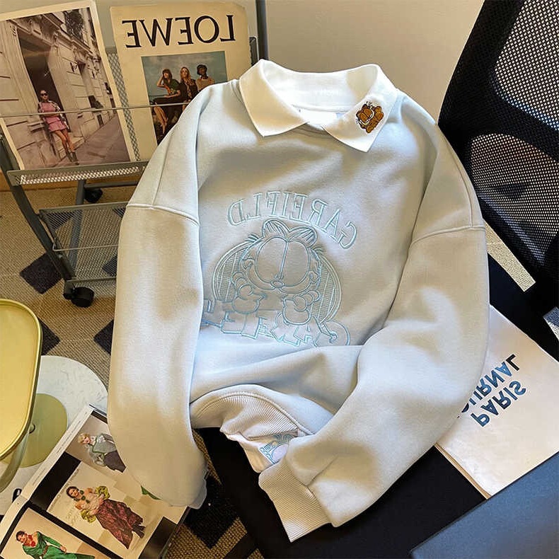 Light Blue Faux Two-Piece Embroidered Garfield Lapel Sweatshirt for Women, Autumn and Winter Oversized Loose Thickened Fleece Top Light Blue Faux Two-Piece Embroidered Garfield Lapel Sweatshirt for Women, Autumn and Winter Oversized Loose Thickened Fleece Top