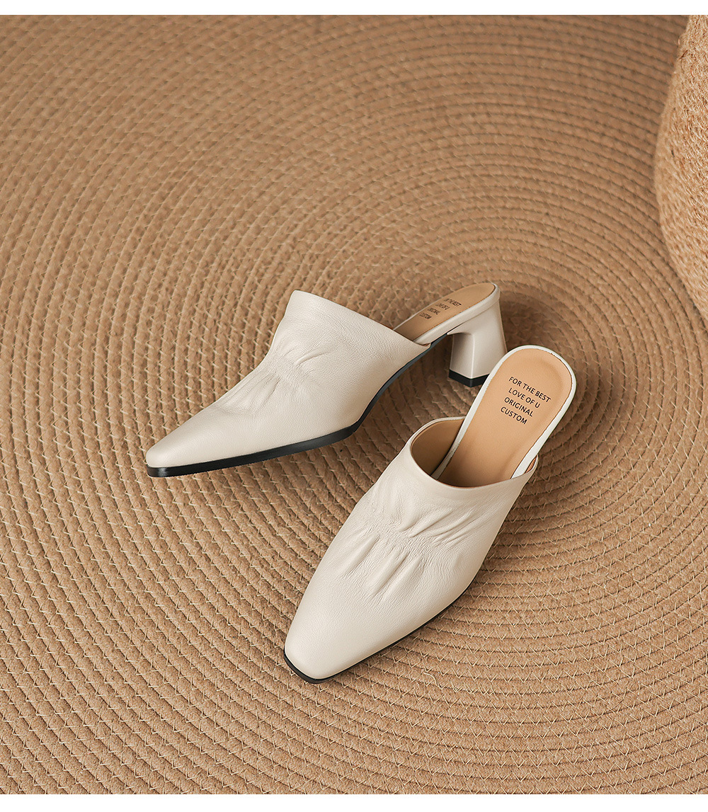 Sandal nữ bít mũi hở gót cao gót thô 5 cm, da bò mùa xuân hè — đen chi tiết 23
