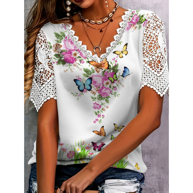 2025 Cross-Border Elegant Lace Stitching Fashion Women's Colorfulful Flower Butterfly Floral Print Short-Sleeved T-Shirt