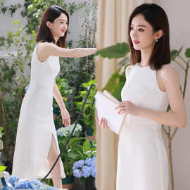 赵丽颖明星同款轻奢白色中长款无袖修身高腰时尚开衩裙2024年夏季