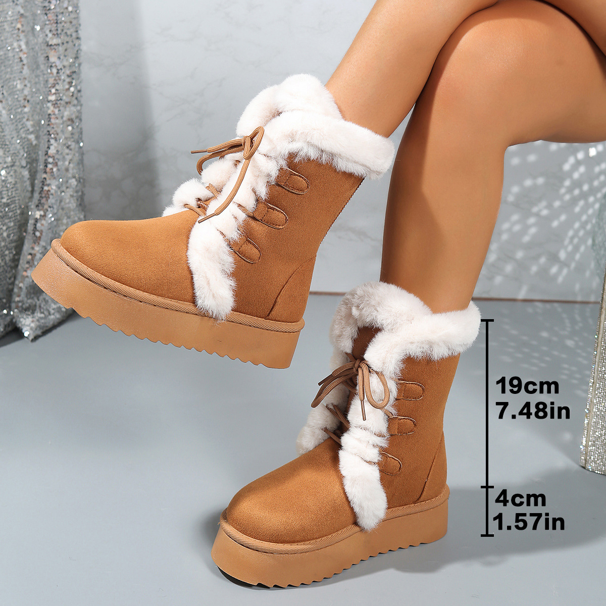 2025 Herbst/Winter Schneeschuh für Damen, fleecegefüttert, dicke Sohle, höhenverstärkend, mit integriertem Schaffell, Nordosten_voghion.com