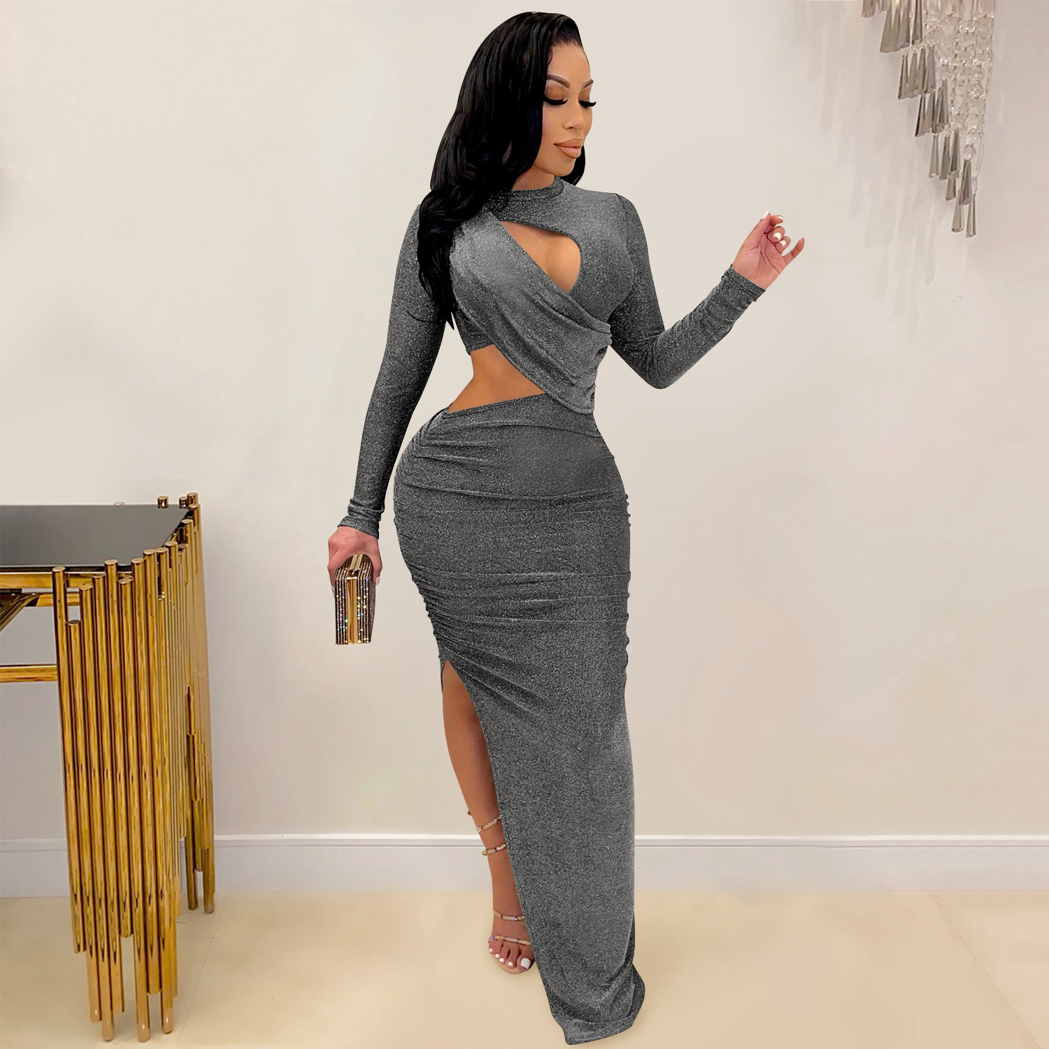 Polyester Fabric Type Mid Waist Waist Line Wholesale Women'S Sexy Splicing Solid Color Holiday Daily Round Neck Long Sleeve Irregular Skirt