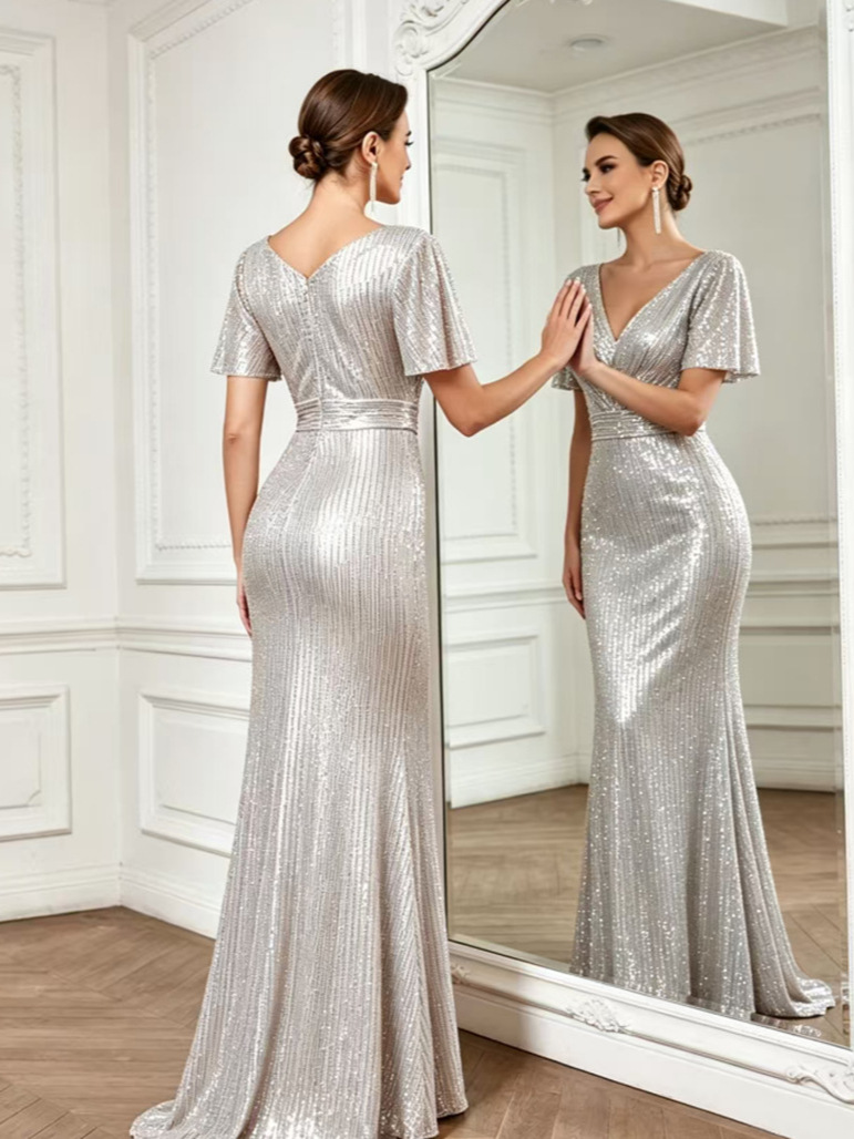 Robe de soirée transfrontalière européenne et américaine, sexy, col en v, paillettes, longueur au sol, élégante, fente latérale, robe de soirée, banquet, 2026