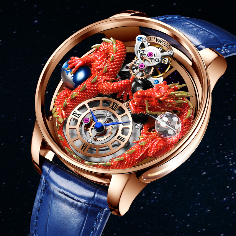 Đồng hồ nam automatic lộ máy chống nước dây thép không gỉ — Hồng Lục Long Lục Bì, Hồng xanh da rồng màu xanh da, Hồng Lục Long Hắc Bì, Hoa Hồng Green Dragon Net Belt