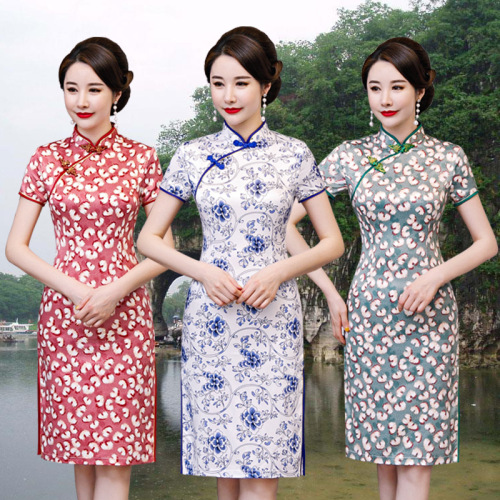 Short flowers Cheongsam Chinese Dresses Retro Qipao for Women China wind restoring ancient ways in daily improved cheongsam dress