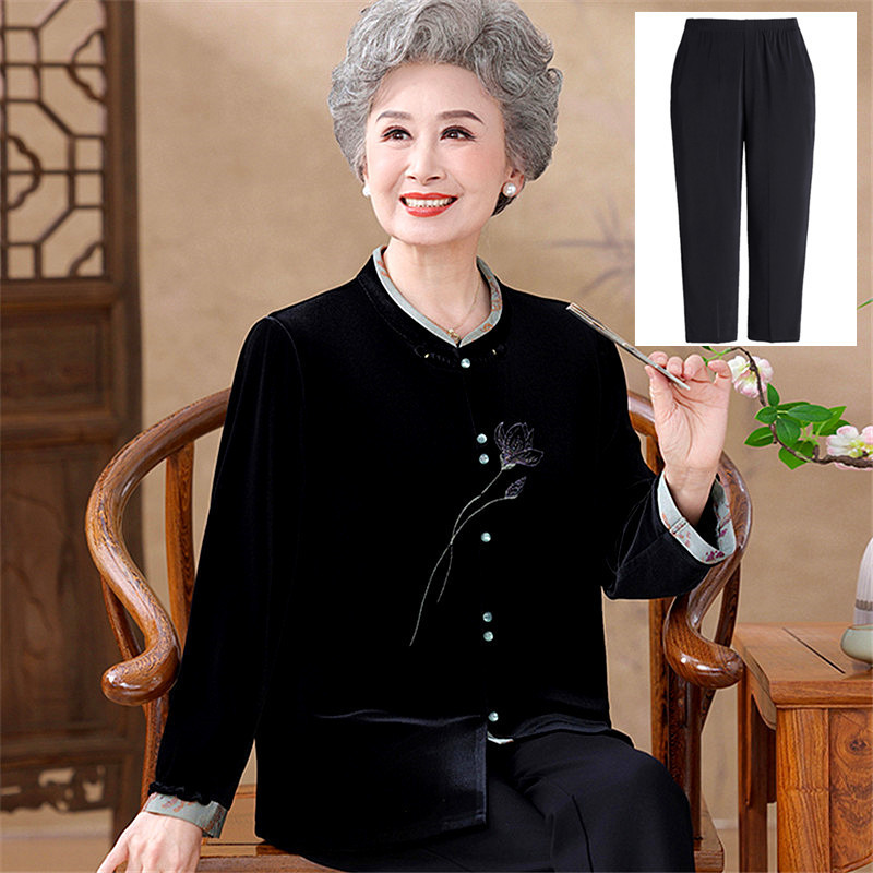 喜庆奶奶装长袖衬衫中老年人春秋装女金丝绒衣服婚宴礼服妈妈过寿|undefined