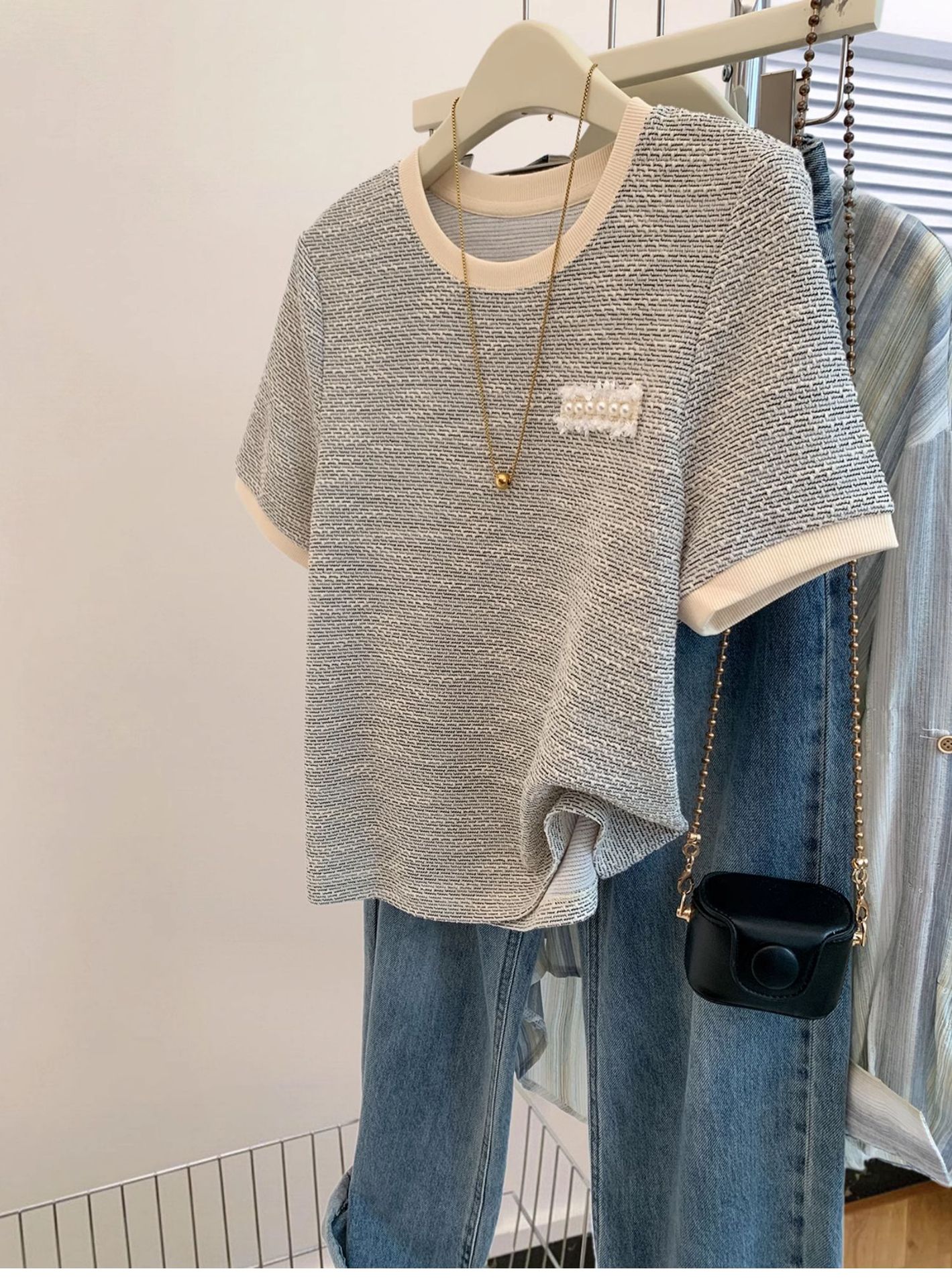 Official Picture [Original Fabric] Tweed Style Short-Sleeved T-Shirt Summer 2024 New Design Niche Top