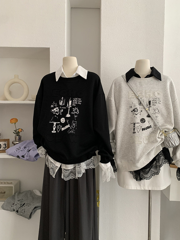 欧玛莱 圆领卡通印花宽松中长款卫衣秋季韩系百搭休闲上衣女 4323|undefined