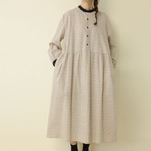 森女日系立领菱形花纹长袖连衣裙2025秋季法式甜美半开扣套头长裙