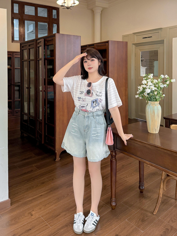 ダブルデイ 2025 新しいファットガール婦人服大きいサイズ夏プラス脂肪 100kg 漫画ストライプラウンドネック Tシャツ 9011|undefined
