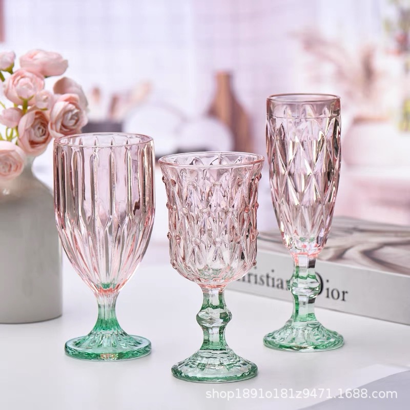 Tazas de vidrio retro de alto valor, tazas de jugo, tazas de vino, tazas de champán, tazas de decoración de mesa de comedor