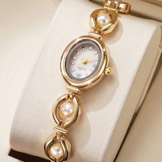 Cross-Border New Bracelet Watch for Women, Oval Steel Band, Second-Hand Light Luxury Imitation Pearl Watch, Temperament Manufacturer Direct Sales Foreign Trade