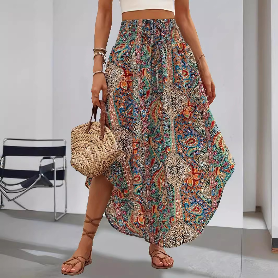 2024 Amazon ebay European and American Cross-border Wholesale Exotic Style Drawstring Versatile High-waisted Half-length Printed Long Skirt Summer Women
