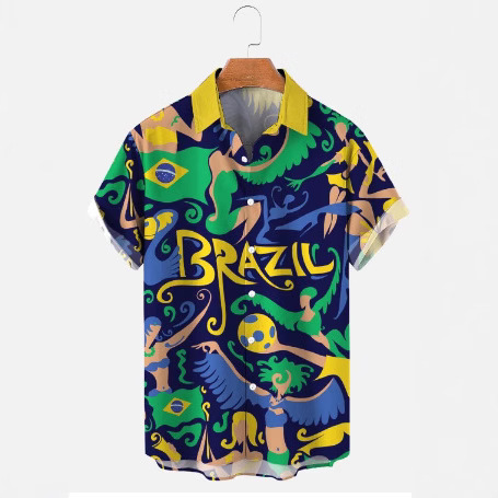 Cross-Border Men's short-sleeved shirt four-sided 3D digital Brazil printed shirt source factory stripe pattern New