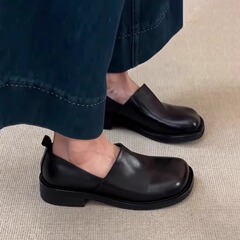 牛革バージョン~レトロスクエアトゥ厚底つま先ハーフスリッパ女性用多用途本革ソフトソール通気性スリッポンビルケンシュトックシューズ