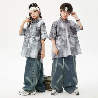 街舞儿童潮服男童牛仔套装酷帅潮装hiphop嘻哈女童爵士舞演出服装