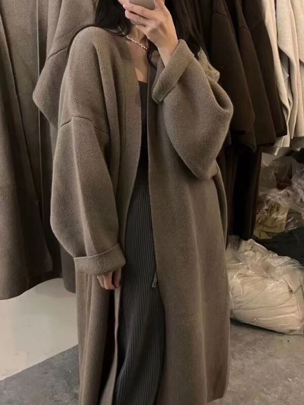 Knitted Cardigan Sweater Autumn and Winter Long Solid Color Lazy Knee-Length Loose New Slimming Large Version Coat