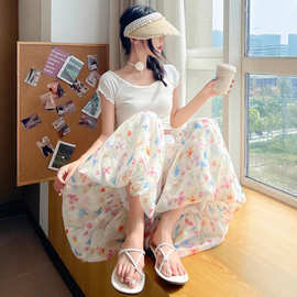 2025新款印花彩色碎花高腰阔腿显瘦显腿长休闲时尚百搭甜美风裤裙