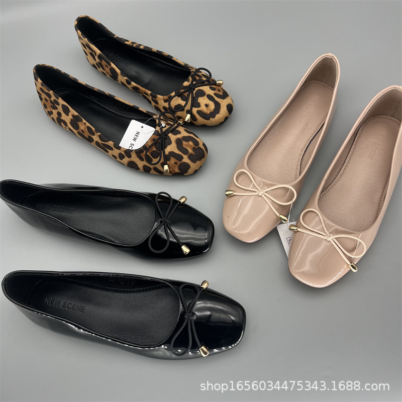 Foreign Trade Bow Square Head Shallow Mouth Single-layer Shoes Women's Summer Flat Pumps Flat Heeled Ballet Comfortable Driving Four Seasons Shoes for Pregnant Women