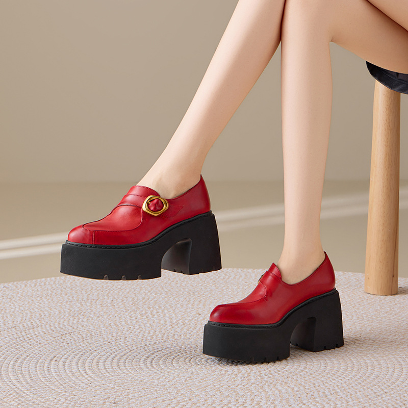 Giày loafer nữ gót vuông cao 10 cm, phong cách Pháp cổ điển, đế dày tăng chiều cao — màu đen