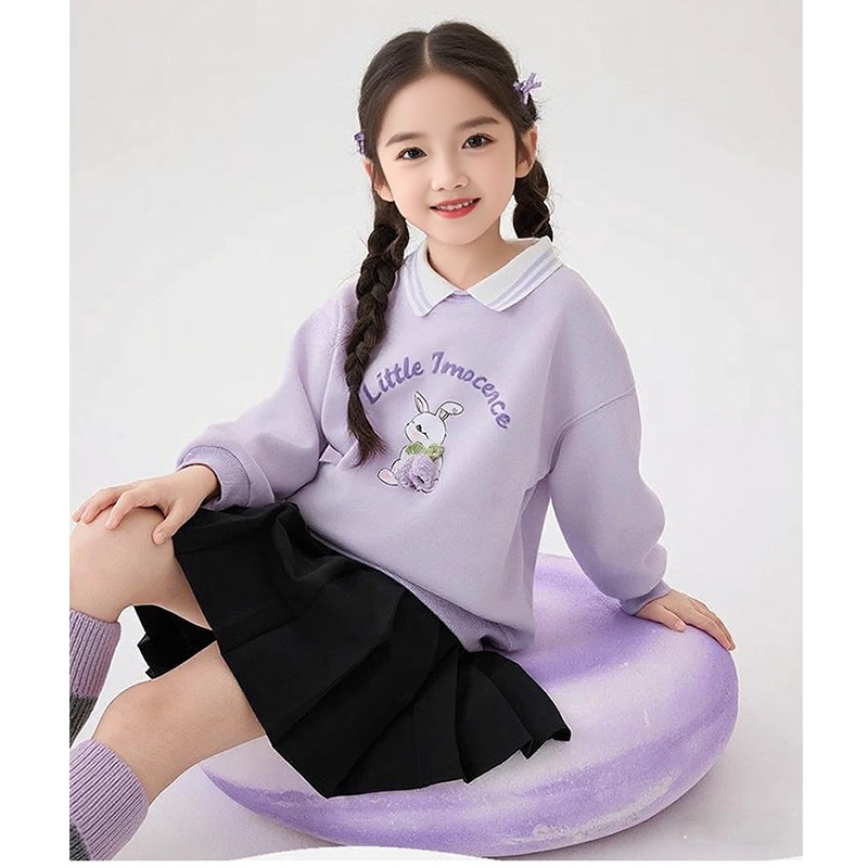 女童polo领卫衣立体勾线25春秋中大童紫色兔兔印花长袖上衣|undefined